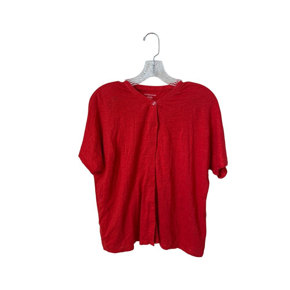 Eileen Fisher Red/Orange 100% Organic Linen Button Up Short Sleeve Top Medium